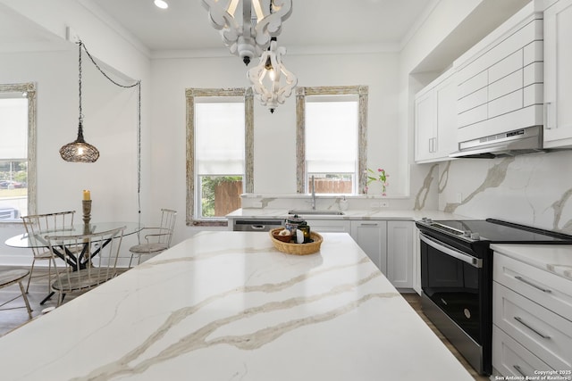 1526 Saint Marys, San Antonio, TX 78210 - kitchen featuring electric range oven, a sink, under cabinet range hood, healthy amount of natural light, and ornamental molding