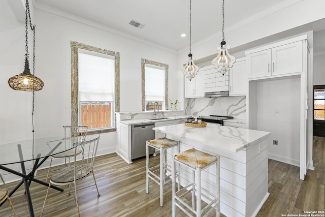 1526 Saint Marys, San Antonio, TX 78210 - kitchen with appliances with stainless steel finishes, a sink, under cabinet range hood, wood finished floors, and white cabinetry