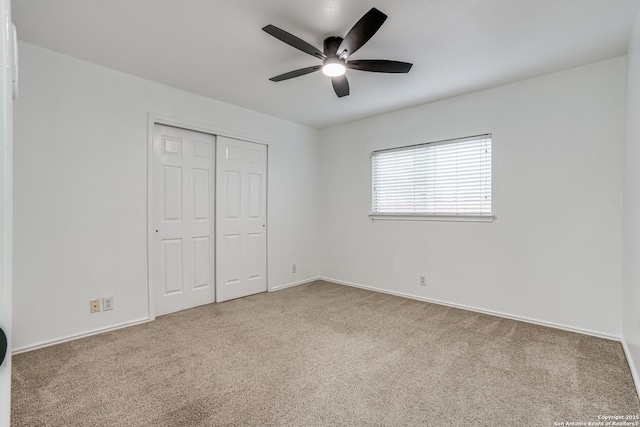 7111 Hallie, San Antonio, TX 78227 - unfurnished bedroom featuring carpet flooring, a closet, baseboards, and ceiling fan