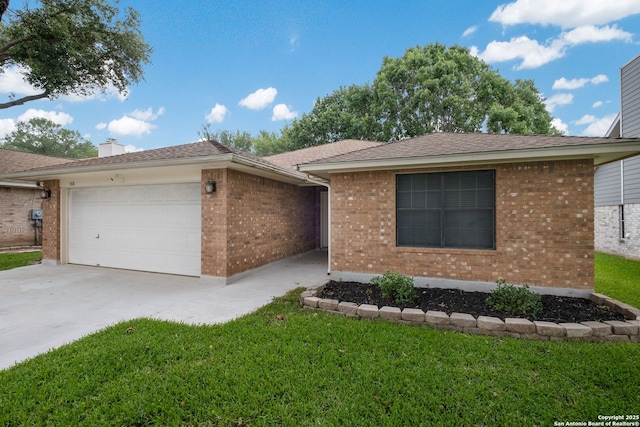 1308 Greenwood, Schertz, TX 78154 - single story home featuring brick siding, an attached garage, driveway, a front yard, and a chimney