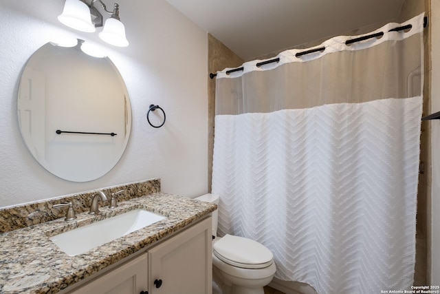 1308 Greenwood, Schertz, TX 78154 - full bath with vanity, toilet, and a shower with shower curtain