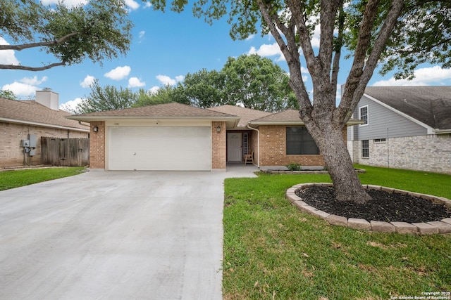 1308 Greenwood, Schertz, TX 78154 - ranch-style house featuring brick siding, a garage, concrete driveway, and a shingled roof