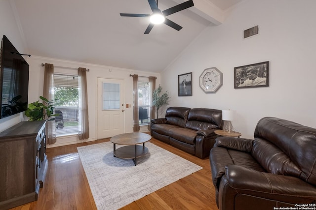 1308 Greenwood, Schertz, TX 78154 - living room with beam ceiling, healthy amount of natural light, ceiling fan, wood finished floors, and high vaulted ceiling