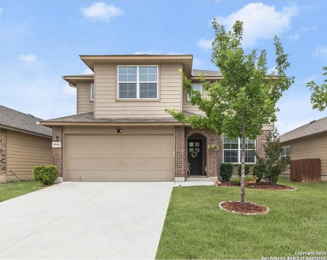 8940 Hickman Park, San Antonio, TX 78254 - view of front of home with driveway, brick siding, a garage, and a front lawn