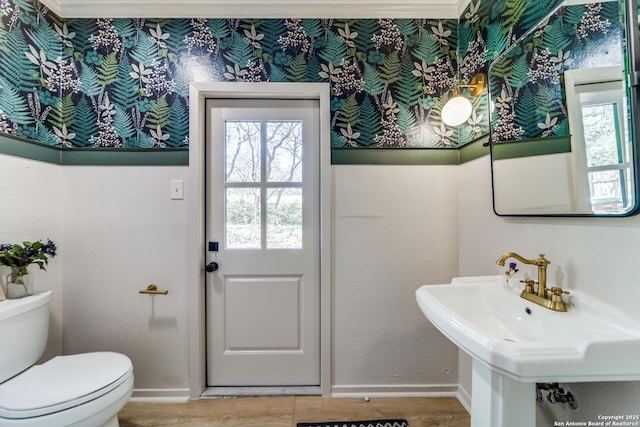 146 Canyon Oaks, Hollywood Park, TX 78232 - bathroom featuring baseboards, toilet, wood finished floors, and a sink