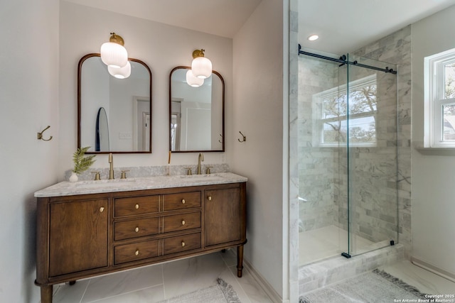 146 Canyon Oaks, Hollywood Park, TX 78232 - bathroom with a shower stall, double vanity, baseboards, and marble look tiles