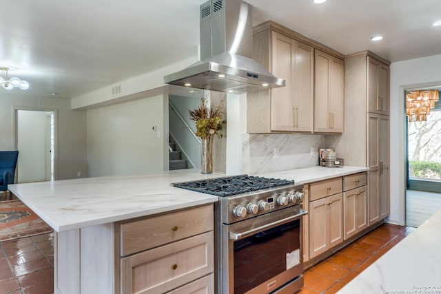 146 Canyon Oaks, Hollywood Park, TX 78232 - kitchen with high end stainless steel range oven, range hood, tasteful backsplash, light brown cabinets, and recessed lighting