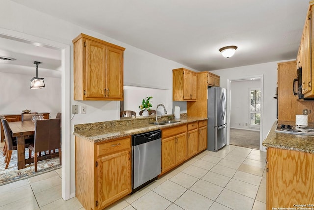 437 Spaceway, Windcrest, TX 78239 - kitchen with appliances with stainless steel finishes, a sink, light tile patterned floors, and stone counters