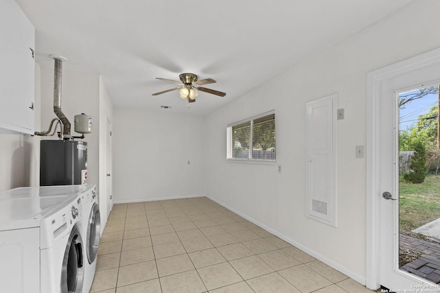 437 Spaceway, Windcrest, TX 78239 - laundry room featuring washing machine and dryer, water heater, ceiling fan, and baseboards