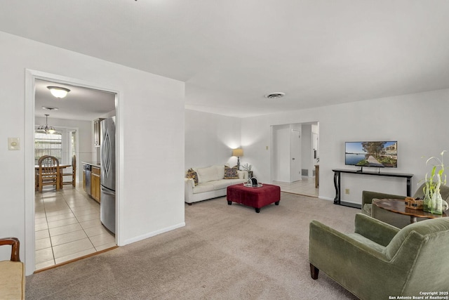 437 Spaceway, Windcrest, TX 78239 - living area featuring baseboards, light colored carpet, and light tile patterned flooring