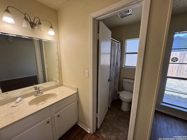 6917 Deep Lk, San Antonio, TX 78244 - bathroom featuring vanity, toilet, plenty of natural light, and a textured ceiling