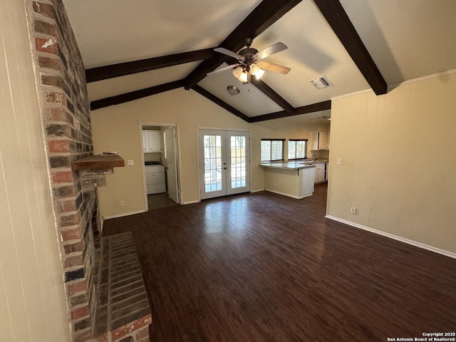 6917 Deep Lk, San Antonio, TX 78244 - unfurnished living room with a ceiling fan, dark wood-type flooring, french doors, a fireplace, and baseboards