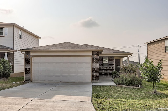 9806 Silver Mist, San Antonio, TX 78254 - view of front of property featuring driveway, an attached garage, brick siding, a front yard, and a shingled roof