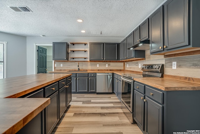 2310 Ruby Oaks, San Antonio, TX 78232 - kitchen featuring stainless steel appliances, wood counters, under cabinet range hood, a sink, and a textured ceiling