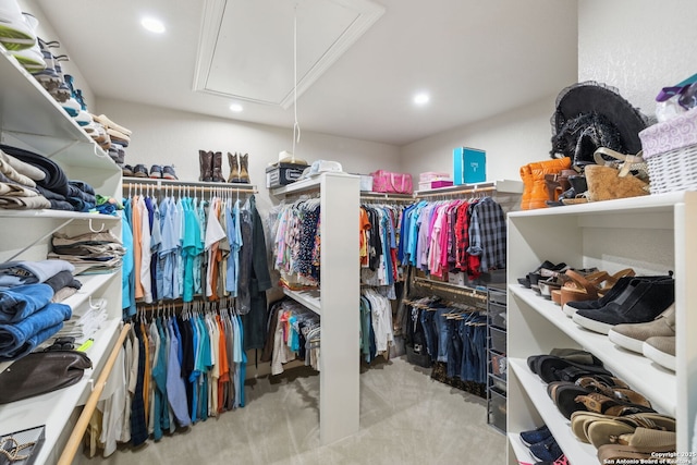 2803 River Way, Spring Branch, TX 78070 - walk in closet featuring attic access and carpet
