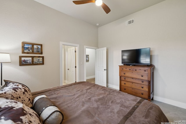 2803 River Way, Spring Branch, TX 78070 - carpeted bedroom with baseboards, ceiling fan, and high vaulted ceiling