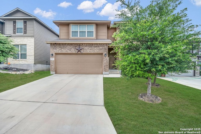 2015 Sisyphus, San Antonio, TX 78245 - view of front of home featuring a garage, concrete driveway, a front lawn, and brick siding