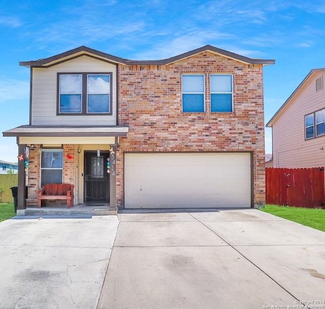 5414 Kensington Run, San Antonio, TX 78228 - traditional-style house featuring brick siding, an attached garage, covered porch, and driveway