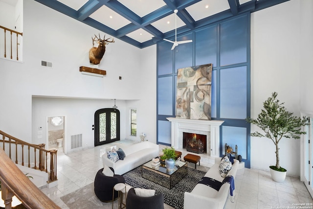 625 Paseo Canada, San Antonio, TX 78232 - living area with a high ceiling, stairway, french doors, beam ceiling, and coffered ceiling