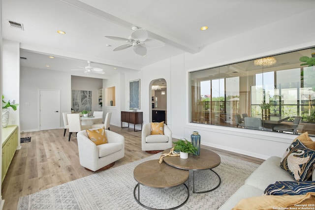 625 Paseo Canada, San Antonio, TX 78232 - living area with beam ceiling, light wood finished floors, recessed lighting, and ceiling fan