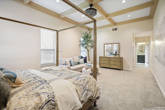 625 Paseo Canada, San Antonio, TX 78232 - carpeted bedroom with beamed ceiling, coffered ceiling, recessed lighting, and baseboards