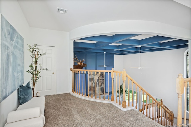 625 Paseo Canada, San Antonio, TX 78232 - sitting room featuring an upstairs landing, carpet floors, a ceiling fan, arched walkways, and beamed ceiling