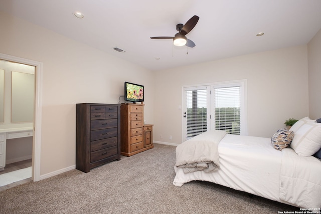 625 Paseo Canada, San Antonio, TX 78232 - bedroom featuring light colored carpet, baseboards, access to exterior, a ceiling fan, and recessed lighting