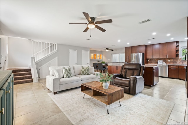 625 Paseo Canada, San Antonio, TX 78232 - living area featuring a ceiling fan, light tile patterned flooring, stairway, and recessed lighting