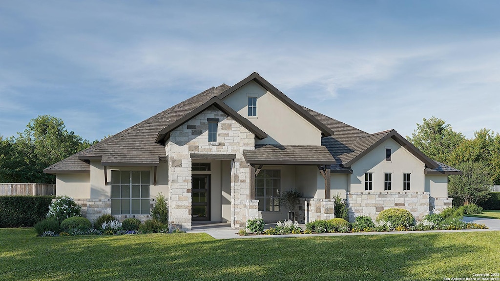 1138 Highland Oaks, New Braunfels, TX 78132 - french country home featuring stucco siding, stone siding, and a front lawn