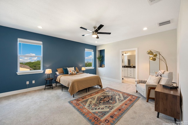 1618 W Lawndale Unit, San Antonio, TX 78209 - bedroom with carpet, baseboards, ceiling fan, recessed lighting, and connected bathroom