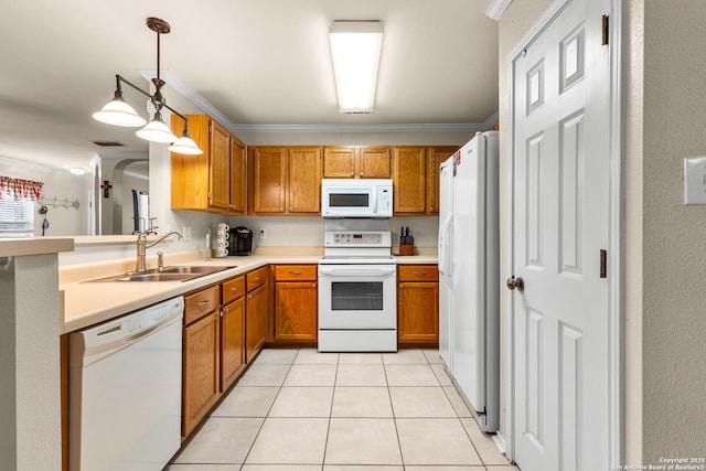 5303 Stormy Sunset, San Antonio, TX 78247 - kitchen with white appliances, a sink, brown cabinetry, ornamental molding, and light tile patterned flooring