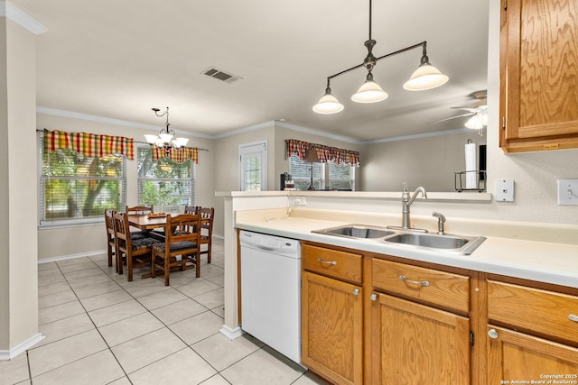 5303 Stormy Sunset, San Antonio, TX 78247 - kitchen with dishwasher, a sink, pendant lighting, light tile patterned flooring, and crown molding