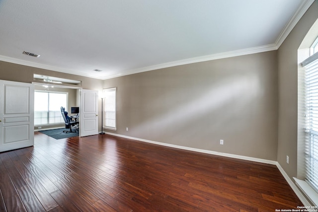 5018 Ashton Audrey, San Antonio, TX 78249 - unfurnished living room with dark wood finished floors, baseboards, an office area, and ornamental molding