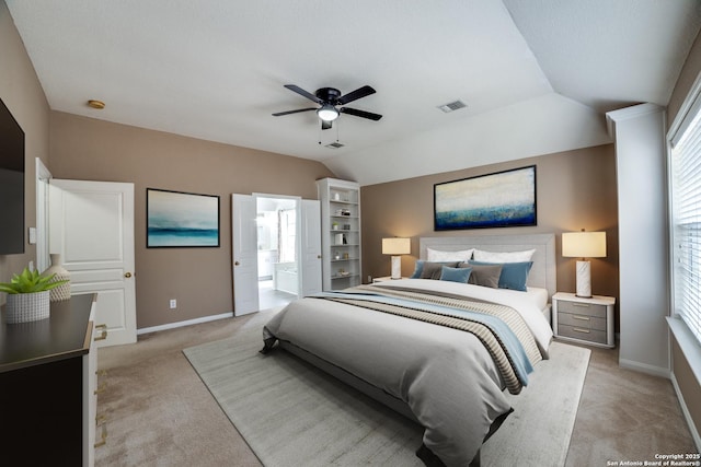 5018 Ashton Audrey, San Antonio, TX 78249 - bedroom with light colored carpet, baseboards, vaulted ceiling, and a ceiling fan