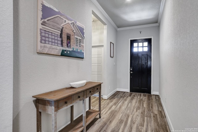 2423 Olive Way, San Antonio, TX 78259 - foyer entrance with crown molding, wood finished floors, baseboards, and a textured wall