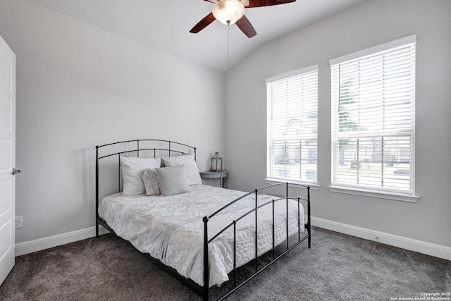 2423 Olive Way, San Antonio, TX 78259 - bedroom featuring carpet floors, lofted ceiling, baseboards, and a ceiling fan
