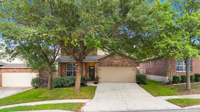 6110 Briscoe Leaf, San Antonio, TX 78253 - obstructed view of property with driveway, brick siding, a garage, and a front lawn
