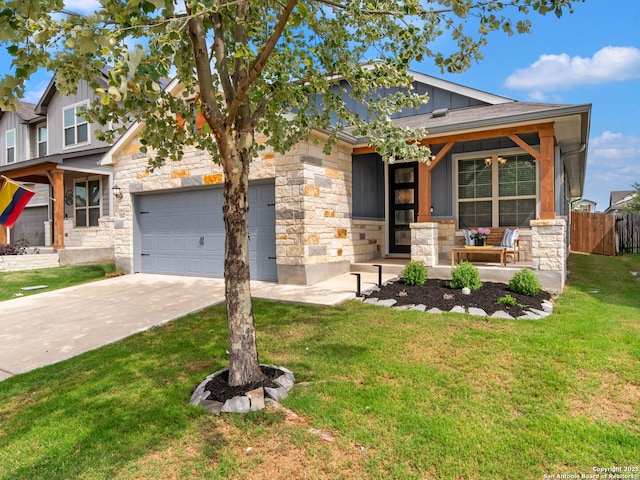 11547 Lightning Way, San Antonio, TX 78245 - craftsman-style home featuring stone siding, driveway, board and batten siding, an attached garage, and a porch