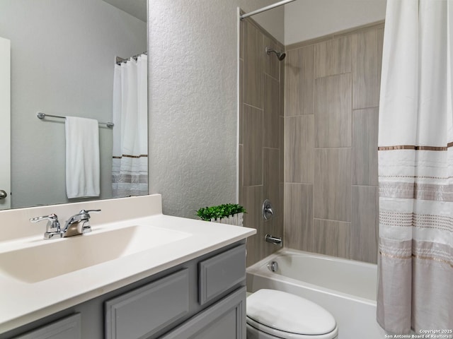 11547 Lightning Way, San Antonio, TX 78245 - bathroom with a textured wall, vanity, toilet, and shower / bath combo with shower curtain