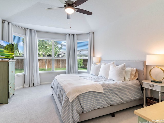 11547 Lightning Way, San Antonio, TX 78245 - bedroom with lofted ceiling, baseboards, light colored carpet, and ceiling fan