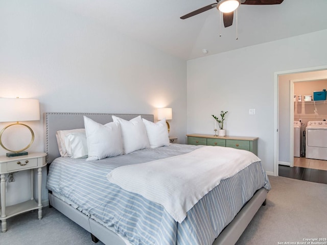 11547 Lightning Way, San Antonio, TX 78245 - bedroom featuring separate washer and dryer, light colored carpet, lofted ceiling, and a ceiling fan