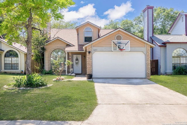 6283 Valley Bay, San Antonio, TX 78250 - traditional-style home with driveway, a front yard, an attached garage, and a shingled roof