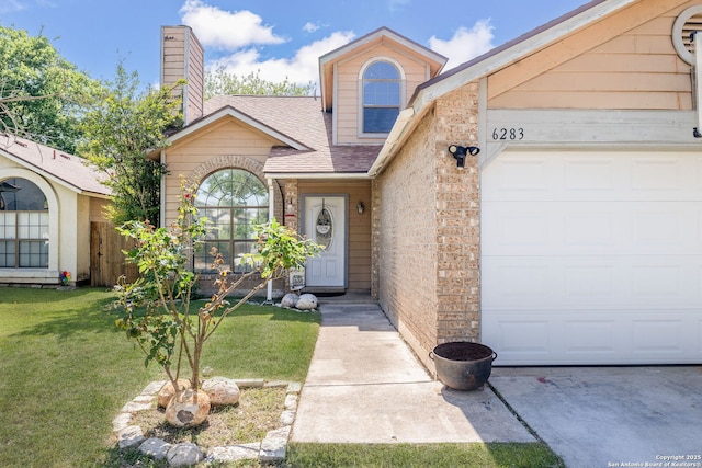 6283 Valley Bay, San Antonio, TX 78250 - view of front of property featuring roof with shingles, a front lawn, an attached garage, a chimney, and brick siding
