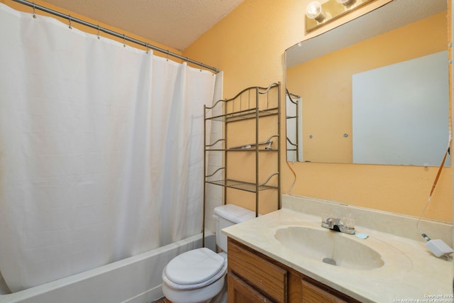 6283 Valley Bay, San Antonio, TX 78250 - full bath featuring toilet, vanity, shower / bath combo, a textured ceiling, and a textured wall