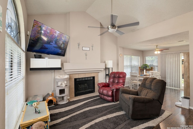 6283 Valley Bay, San Antonio, TX 78250 - living room featuring ceiling fan, lofted ceiling, a fireplace, and wood finished floors