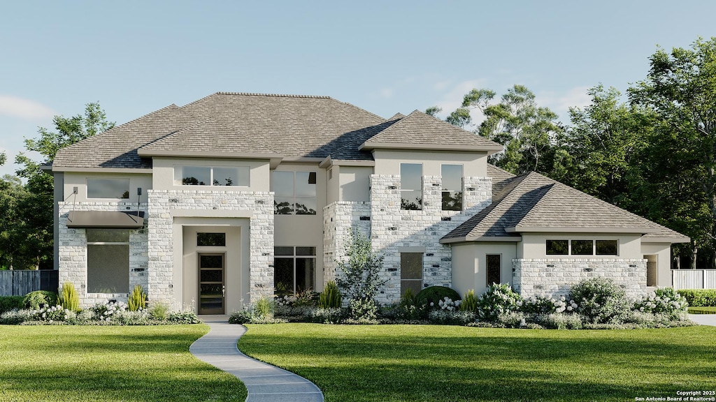 1109 Elm Forest Dr, New Braunfels, TX 78132 - view of front facade with stucco siding, stone siding, and a front lawn