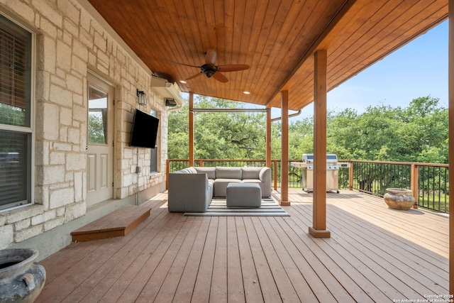 102 Kendall View Dr, Boerne, TX 78006 - wooden terrace with an outdoor living space, area for grilling, and a ceiling fan