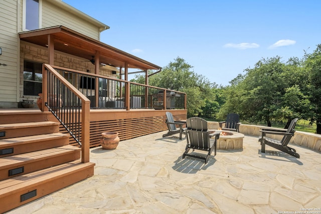 102 Kendall View Dr, Boerne, TX 78006 - view of patio featuring an outdoor fire pit, a ceiling fan, and stairway