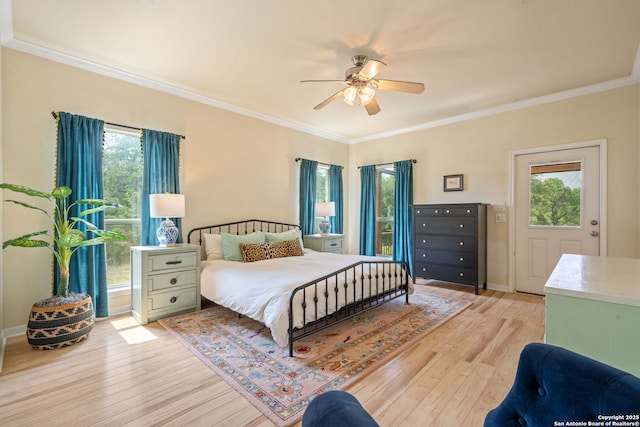 102 Kendall View Dr, Boerne, TX 78006 - bedroom with light wood-type flooring, ornamental molding, ceiling fan, and baseboards