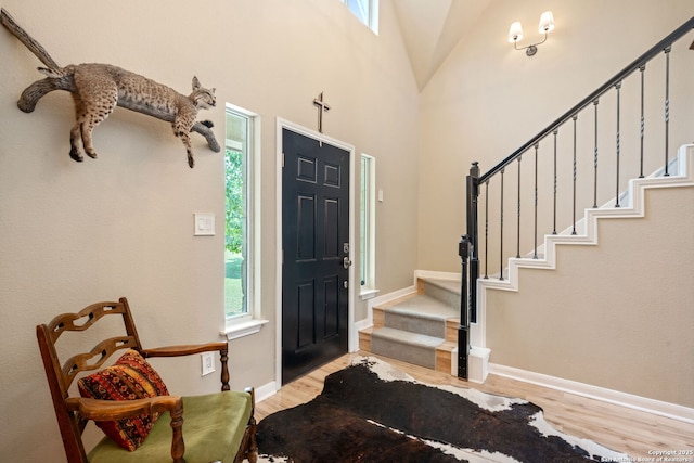 102 Kendall View Dr, Boerne, TX 78006 - entryway with wood finished floors, plenty of natural light, stairs, baseboards, and vaulted ceiling
